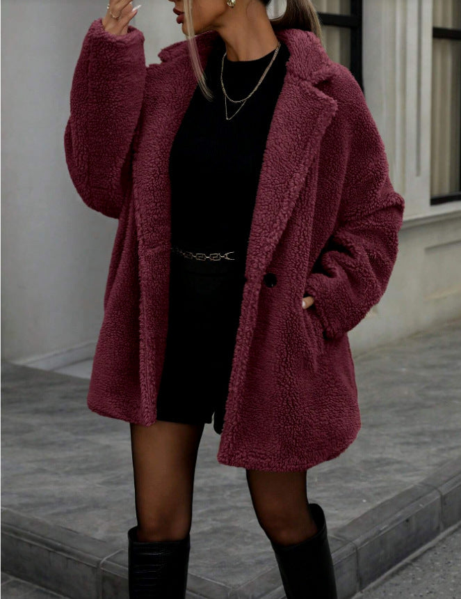 Manteau en polaire pour femme à col doux et manches longues