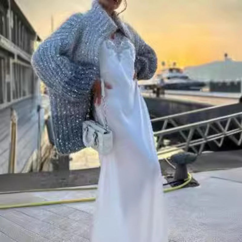 Manteau en maille style western chic avec détail sequins