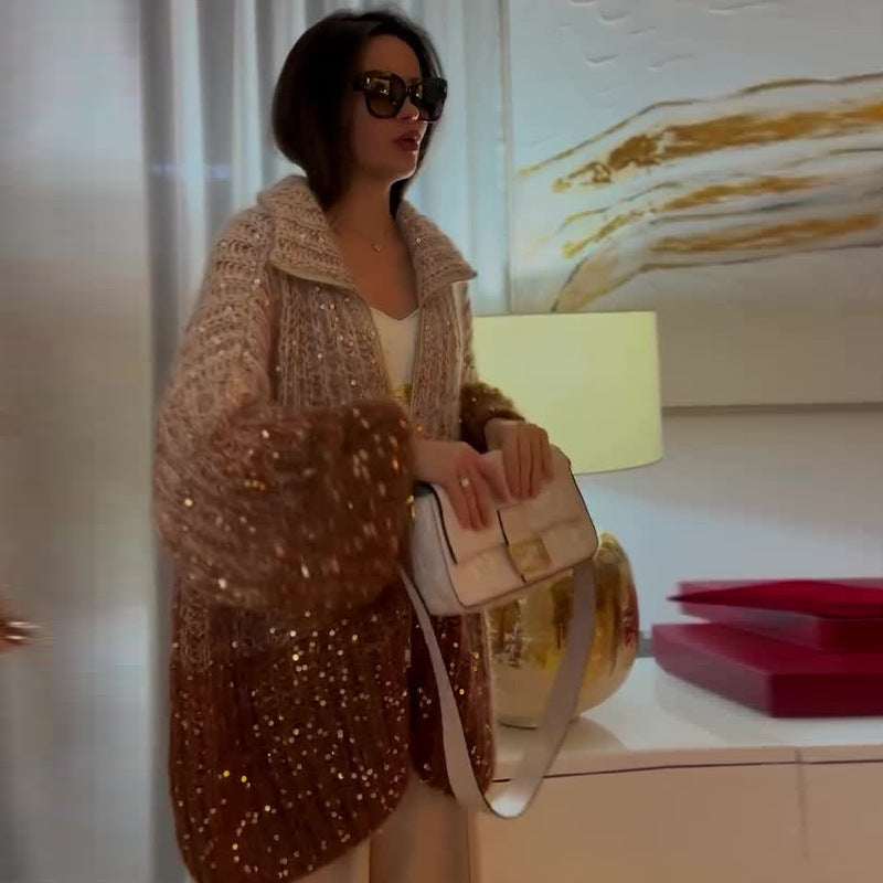 Manteau en maille style western chic avec détail sequins