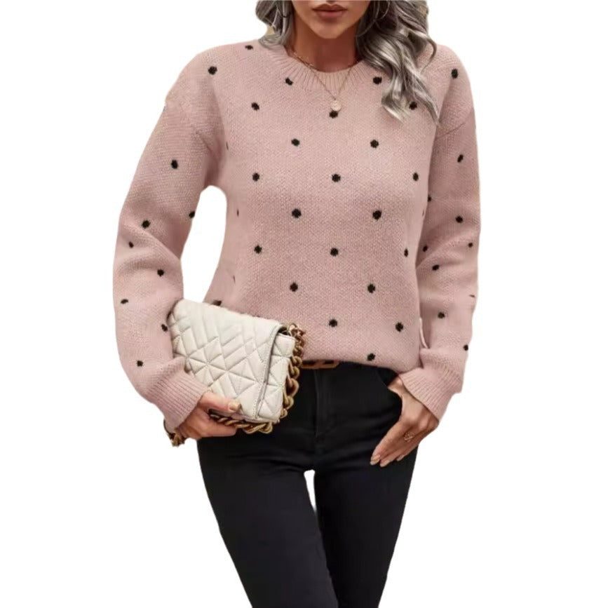 Pull fashion col rond à pois jacquard – manches longues