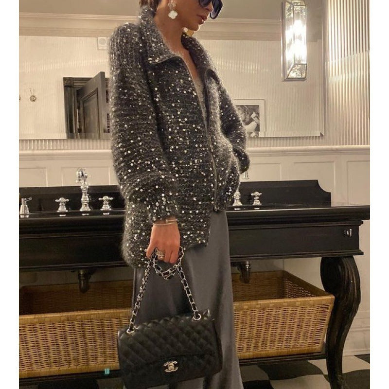 Manteau en maille style western chic avec détail sequins