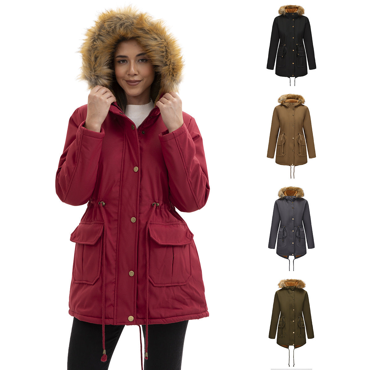 Manteau Femme Mi-Long Élégant à Capuche et Col Fourrure, Taille Cintrée