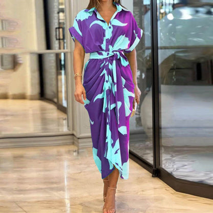 Robe chemisier taille haute à manches courtes