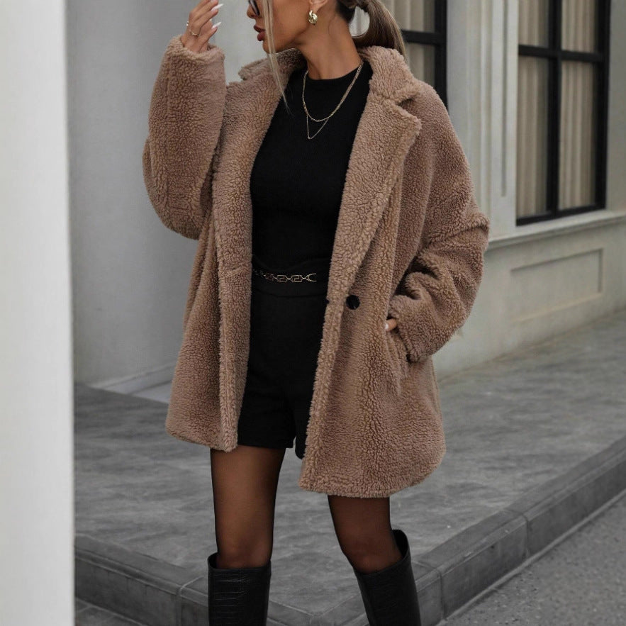 Manteau en polaire pour femme à col doux et manches longues