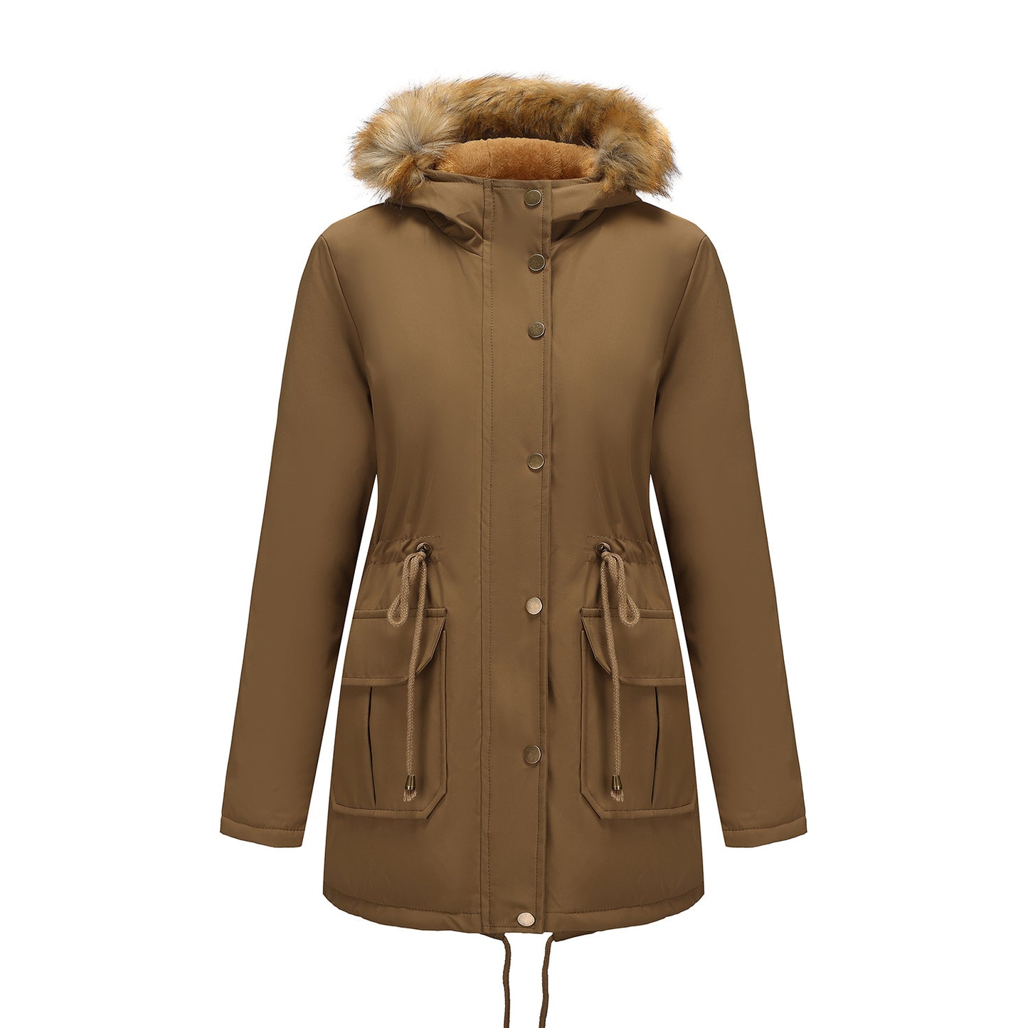Manteau Femme Mi-Long Élégant à Capuche et Col Fourrure, Taille Cintrée