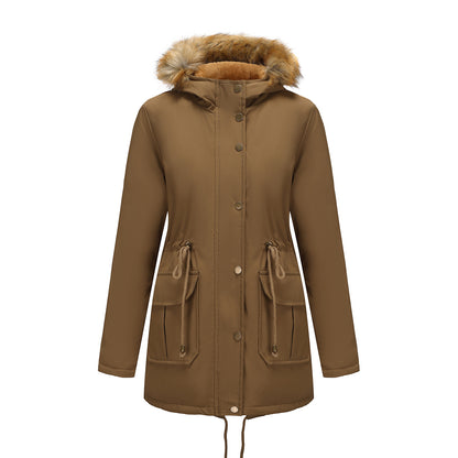 Manteau Femme Mi-Long Élégant à Capuche et Col Fourrure, Taille Cintrée