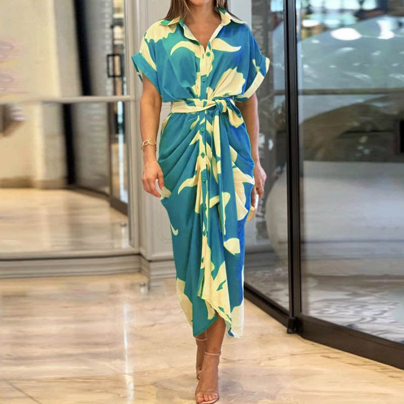 Robe chemisier taille haute à manches courtes