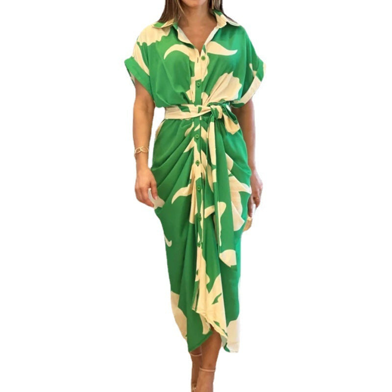 Robe chemisier taille haute à manches courtes