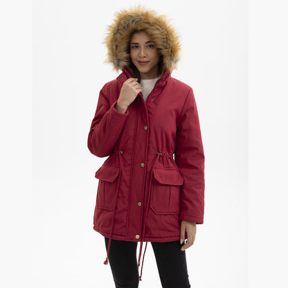 Manteau Femme Mi-Long Élégant à Capuche et Col Fourrure, Taille Cintrée