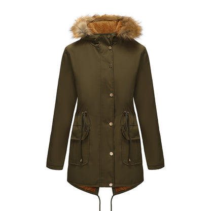 Manteau Femme Mi-Long Élégant à Capuche et Col Fourrure, Taille Cintrée