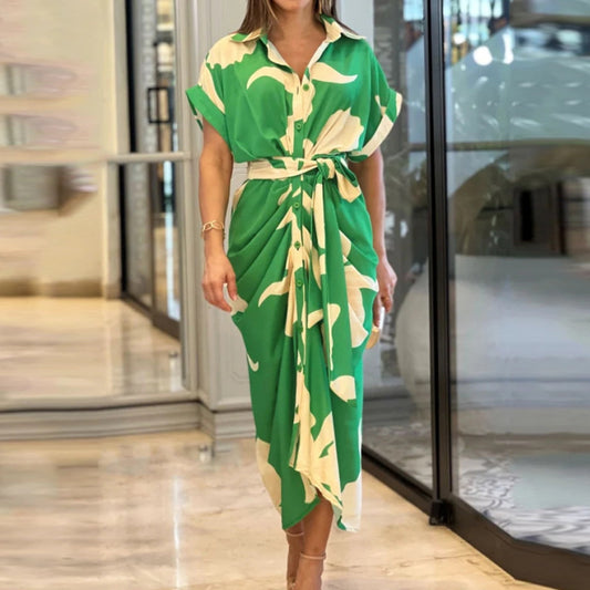 Robe chemisier taille haute à manches courtes