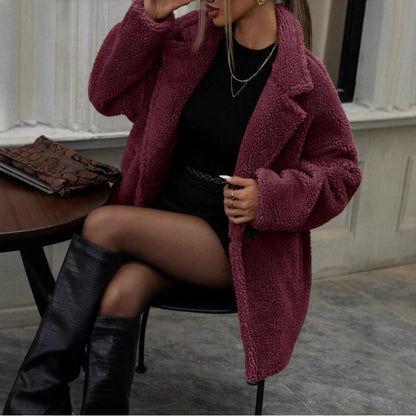 Manteau en polaire pour femme à col doux et manches longues