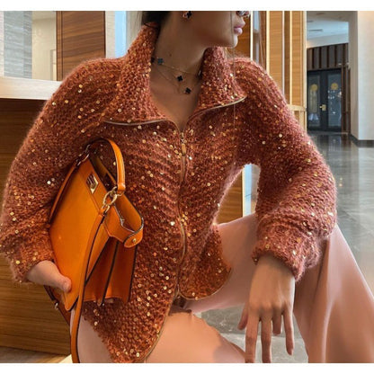 Manteau en maille style western chic avec détail sequins