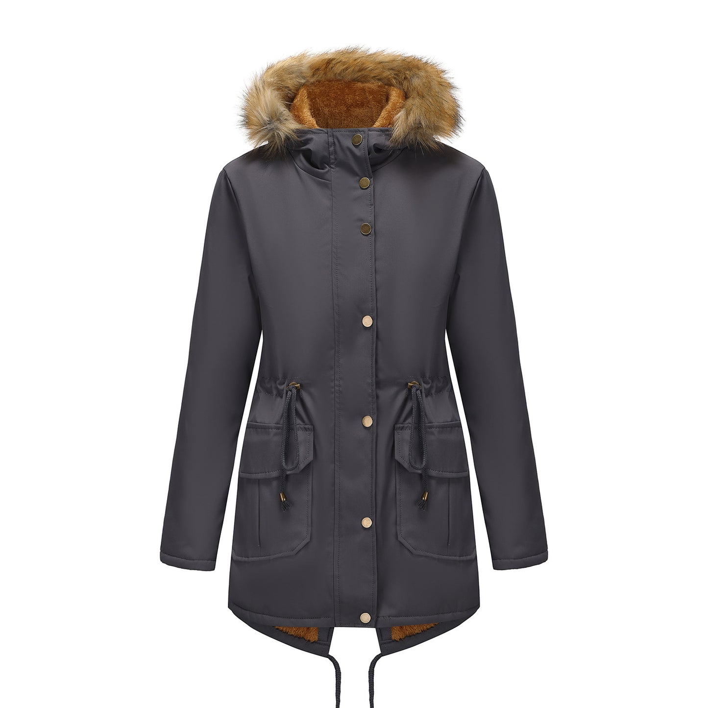 Manteau Femme Mi-Long Élégant à Capuche et Col Fourrure, Taille Cintrée