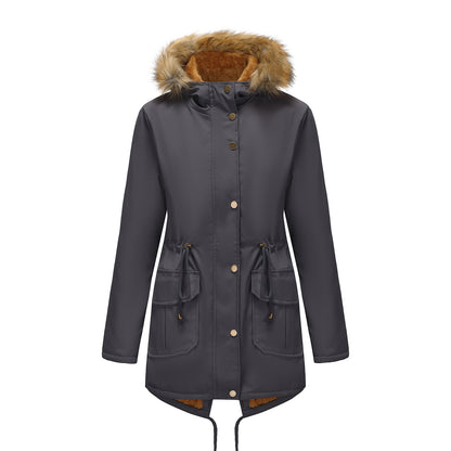 Manteau Femme Mi-Long Élégant à Capuche et Col Fourrure, Taille Cintrée