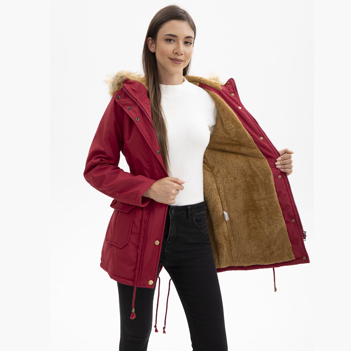 Manteau Femme Mi-Long Élégant à Capuche et Col Fourrure, Taille Cintrée