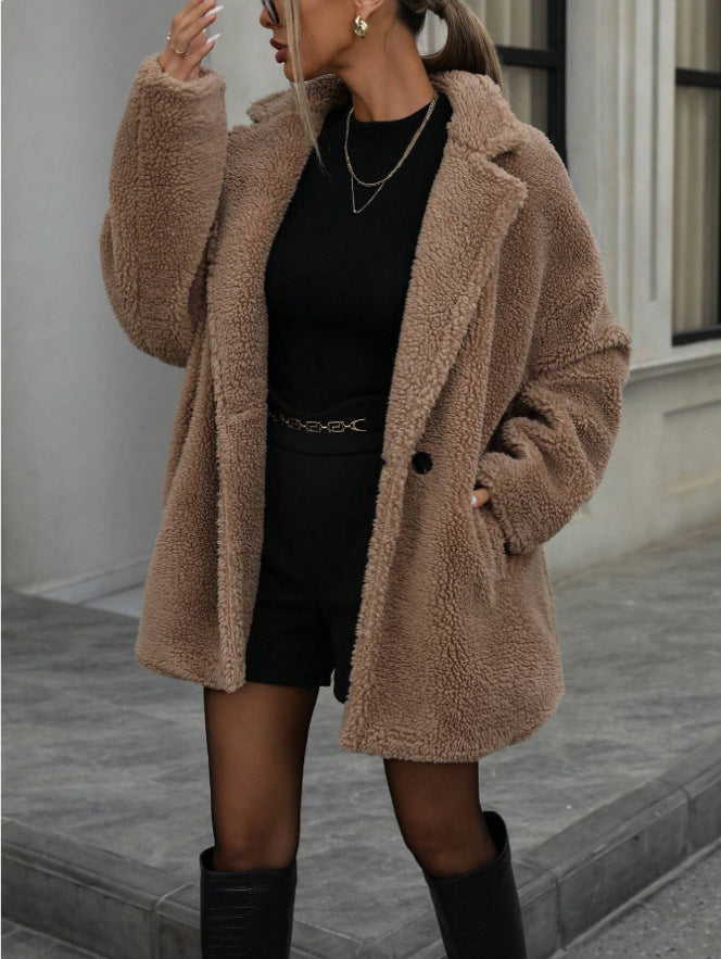 Manteau en polaire pour femme à col doux et manches longues