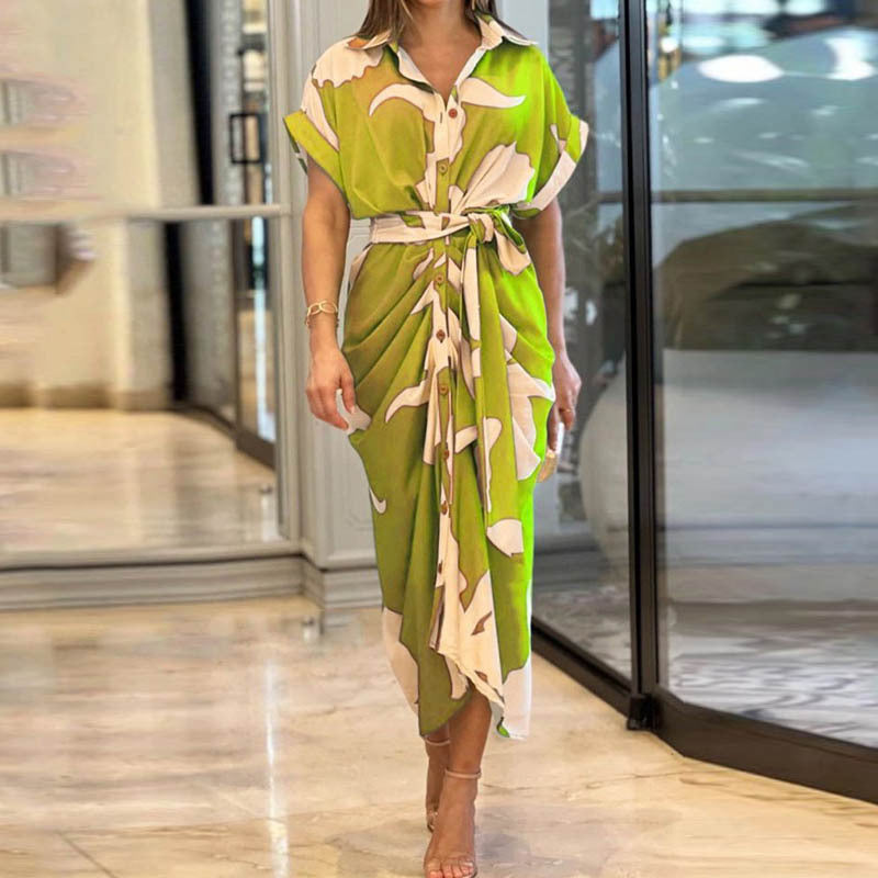 Robe chemisier taille haute à manches courtes