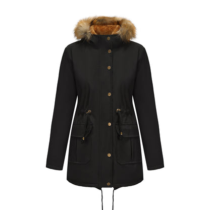 Manteau Femme Mi-Long Élégant à Capuche et Col Fourrure, Taille Cintrée
