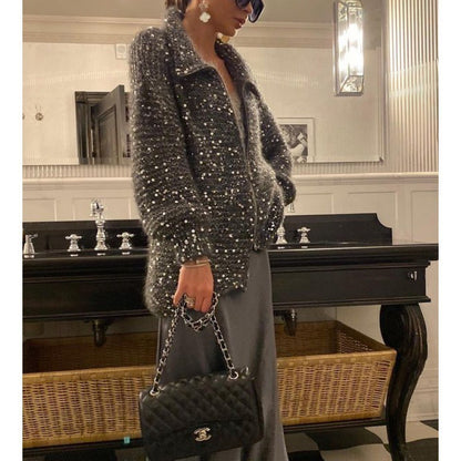 Manteau en maille style western chic avec détail sequins